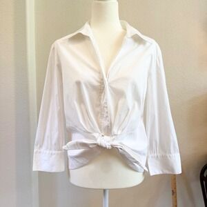 Lafayette 148 New York Stretch Tie Front Blouse White Sz 12 Minimalist Office